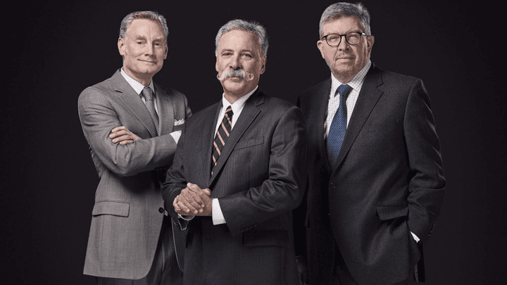 Les dirigeants de Liberty Media : Chase Carey (président), Sean Bratches (directeur commercial) et Ross Brawn (directeur technique et sportif)