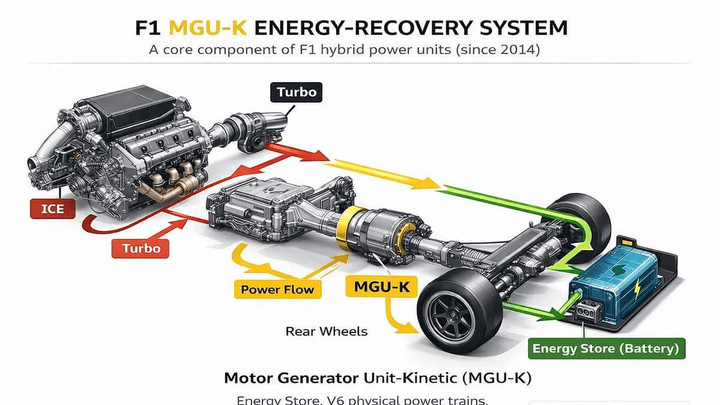 Schéma technique du système de récupération d'énergie MGU-K de Formule 1 avec composants moteur et batterie