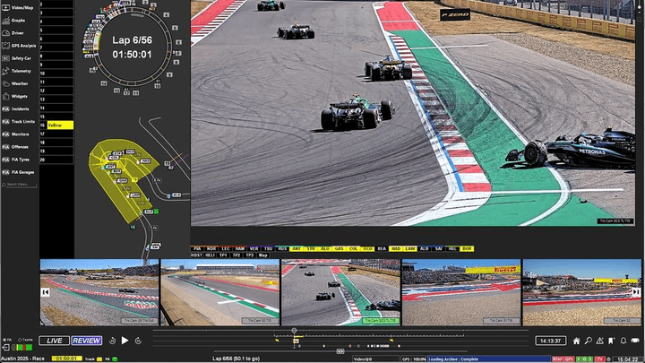 Centre de contrôle de course F1 avec écrans multiples montrant la surveillance vidéo du circuit et des voitures en temps réel