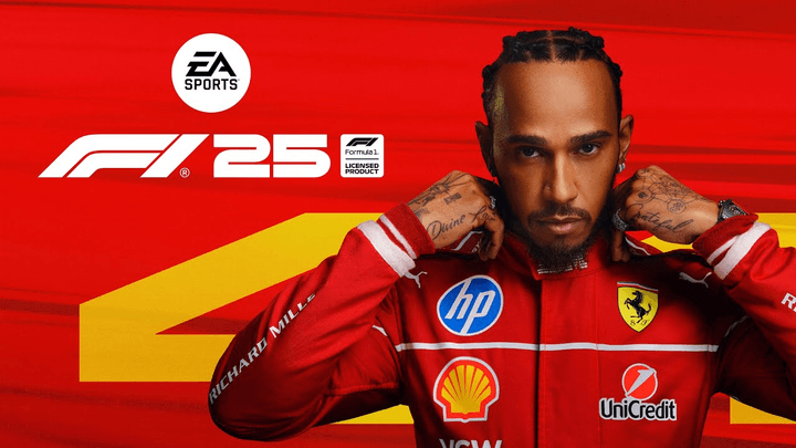 Lewis Hamilton en combinaison Ferrari sur l'affiche du jeu vidéo F1 25 d'EA Sports