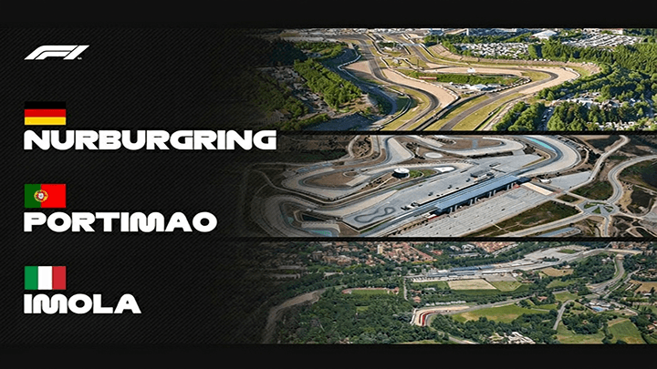 Vue aérienne montrant trois circuits de Formule 1 candidats au remplacement des GP du Moyen-Orient : Nürburgring, Portimão et Imola