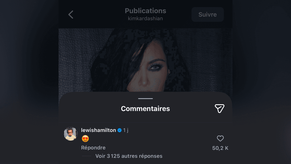 Commentaire de Lewis Hamilton sur une publication Instagram de Kim Kardashian