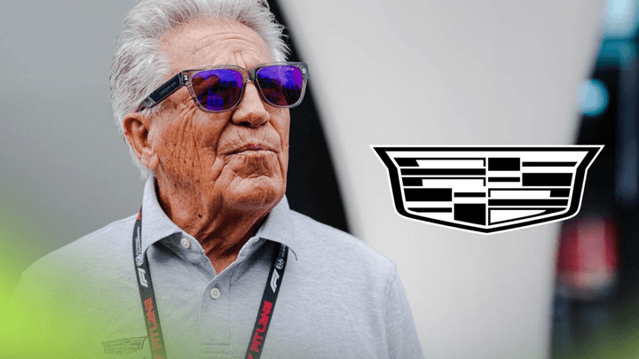 Portrait de Mario Andretti avec le logo Cadillac