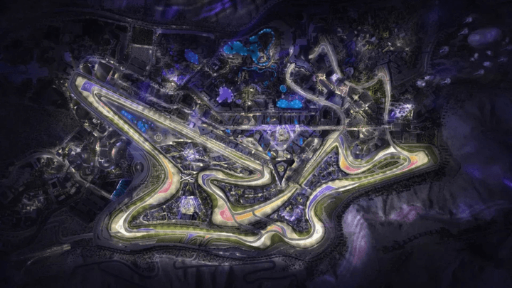 Vue aérienne du tracé futuriste du circuit de F1 de Qiddiya en Arabie saoudite avec ses virages spectaculaires