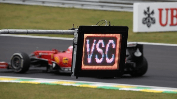 Panneau VSC (Virtual Safety Car) affiché sur le bord de piste avec voiture de Formule 1 en arrière-plan
