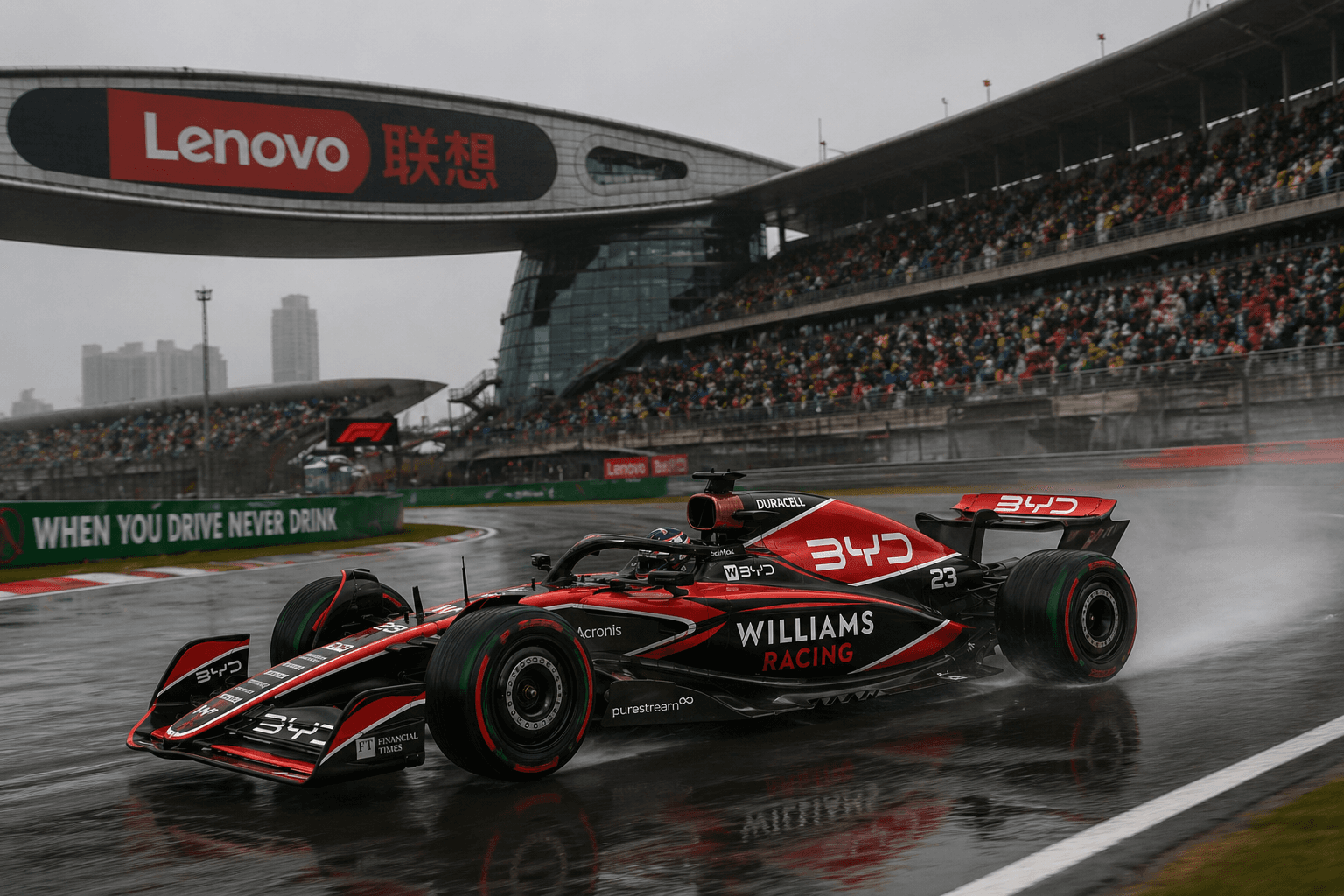 Monoplace Williams Racing sous la pluie lors du Grand Prix de Chine sur le circuit de Shanghai