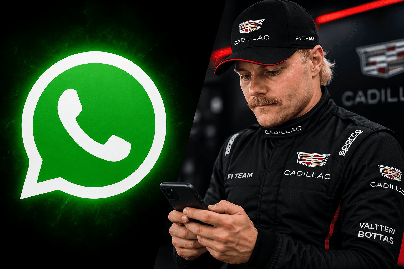 Valtteri Bottas consultant son téléphone avec le logo WhatsApp visible
