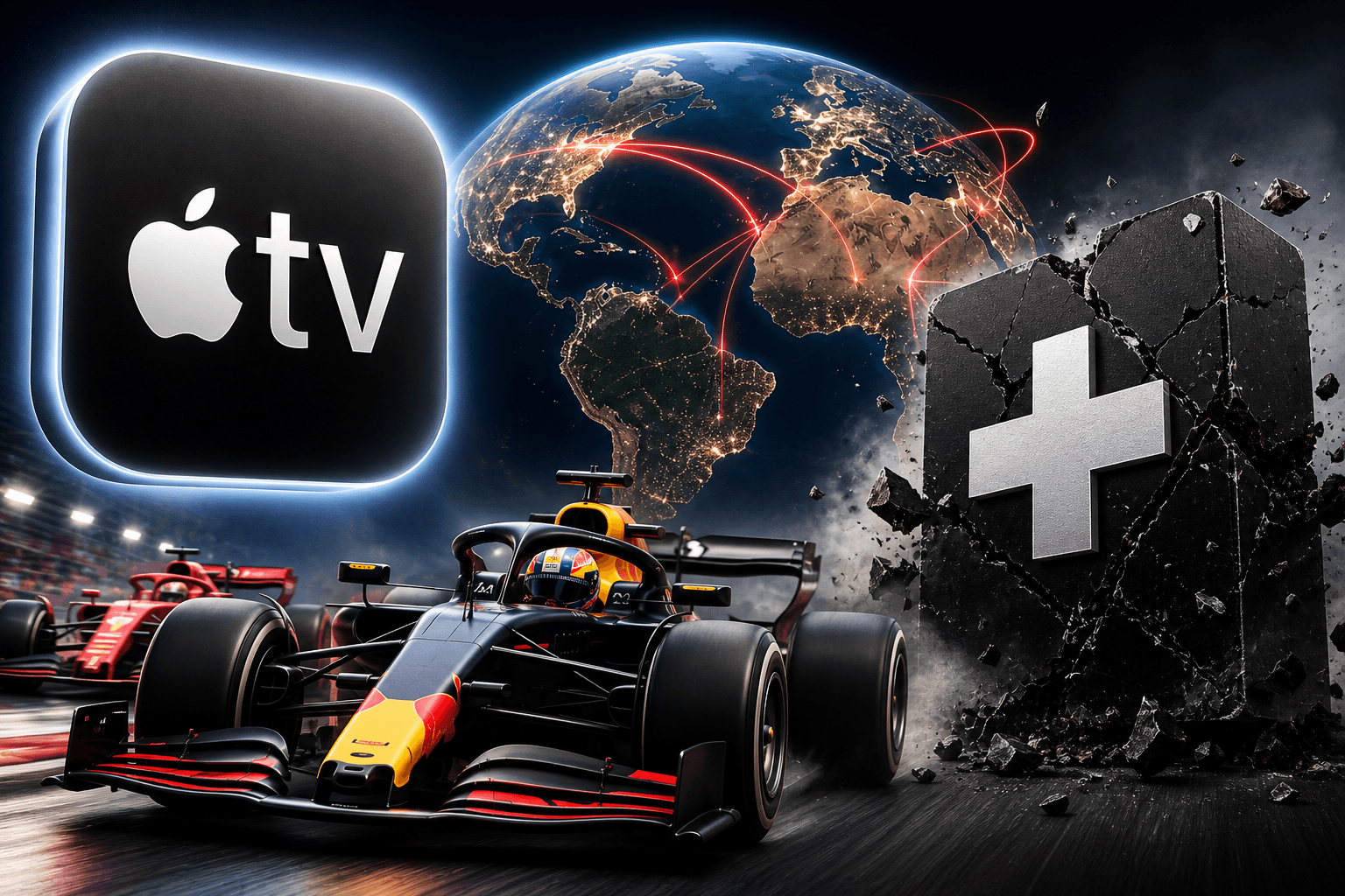 Monoplaces F1 Red Bull et Ferrari avec logos Apple TV et F1 sur fond spatial mondial