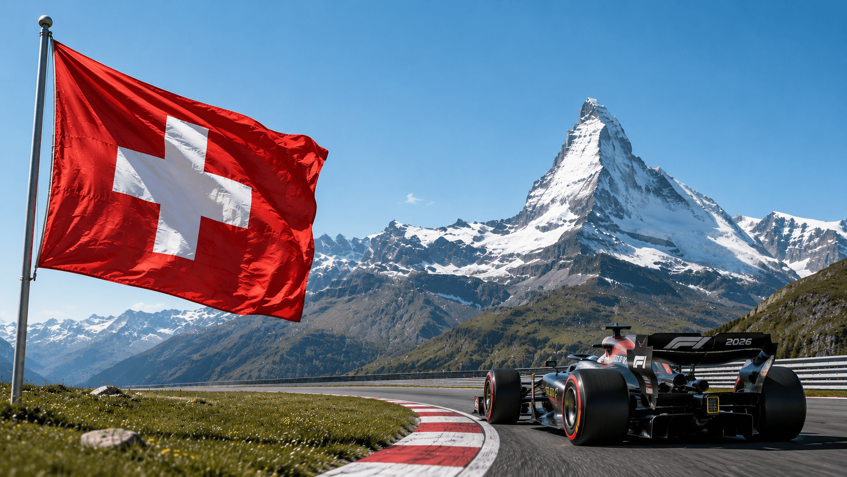 Monoplace de F1 sur circuit suisse avec drapeau national et mont Cervin en arrière-plan