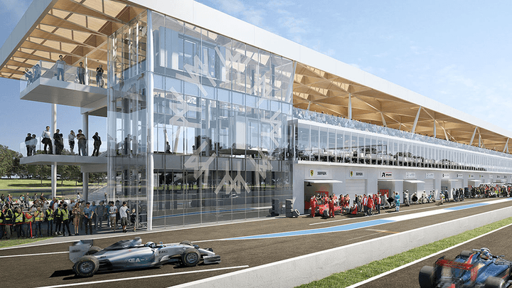 Nouveau paddock moderne d'Imola avec voiture de F1 Mercedes sur la piste