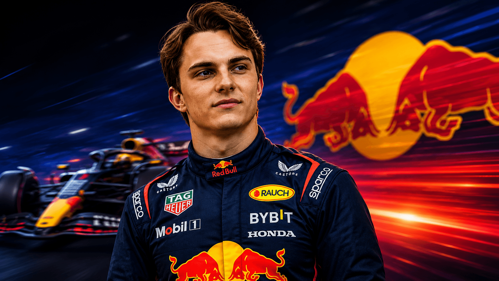 Pilote Red Bull Racing en combinaison officielle devant une monoplace F1 en mouvement