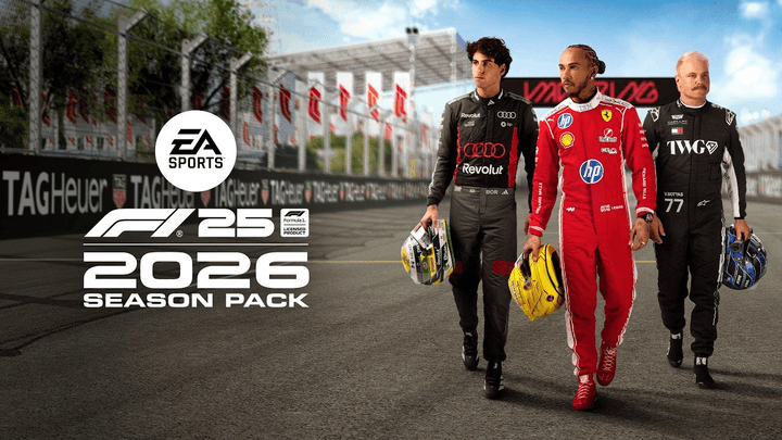 Trois pilotes de Formule 1 en combinaisons marchant ensemble avec le logo EA Sports F1 25 Season Pack 2026