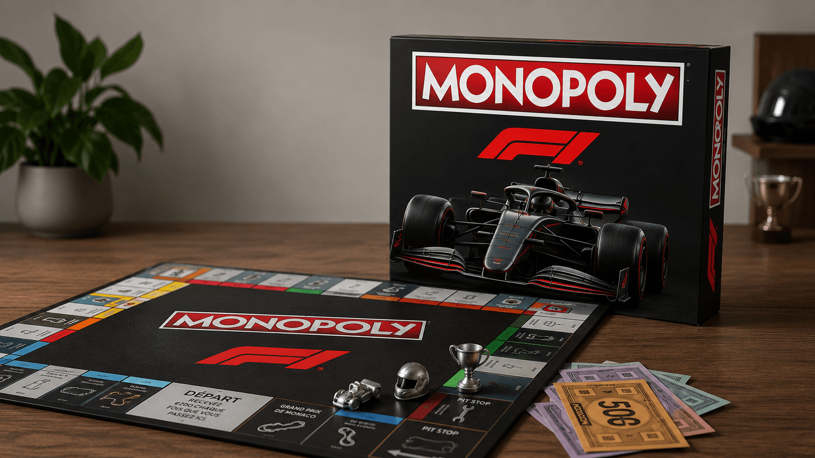 Jeu Monopoly Formule 1 avec plateau déployé, pions casque et voiture F1, et billets