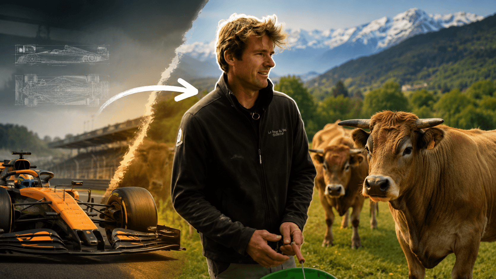 Pilote de F1 dans un paysage alpin avec des vaches, concept artistique entre sport automobile et nature