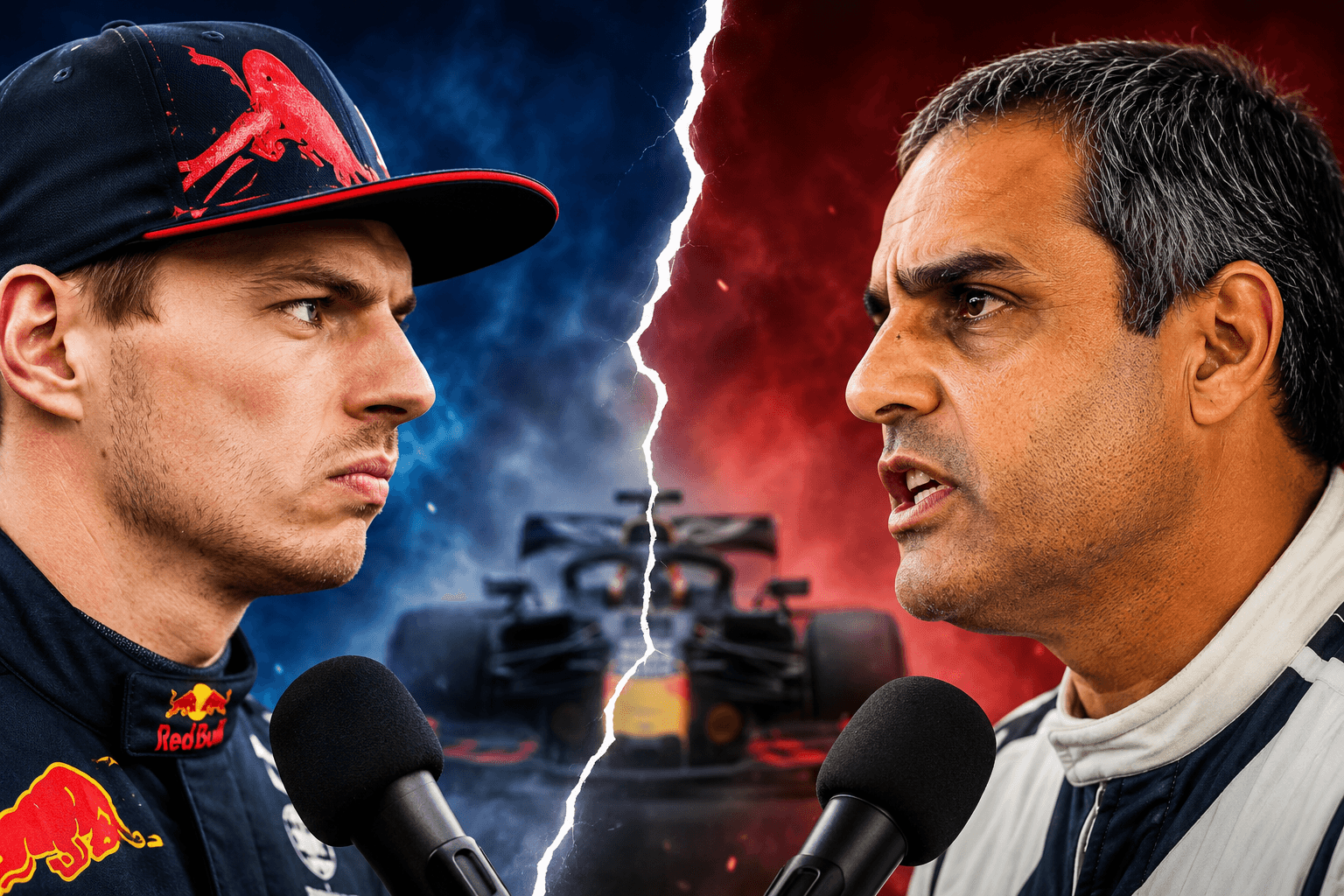 Max Verstappen Red Bull face à Juan Pablo Montoya en interview F1 avec monoplaces arrière-plan