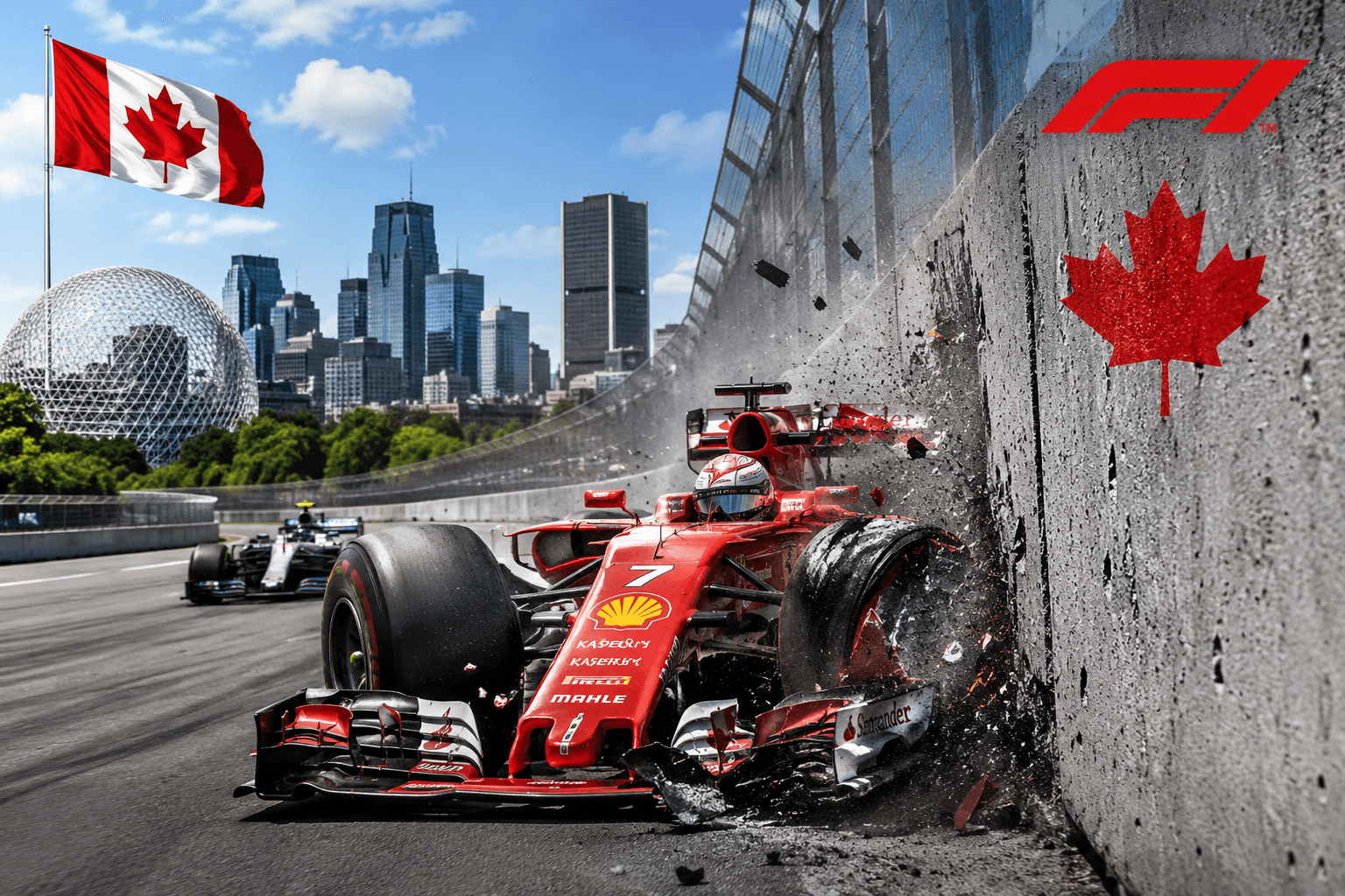 Accident Ferrari contre le mur de béton du circuit de Montréal, drapeau canadien visible