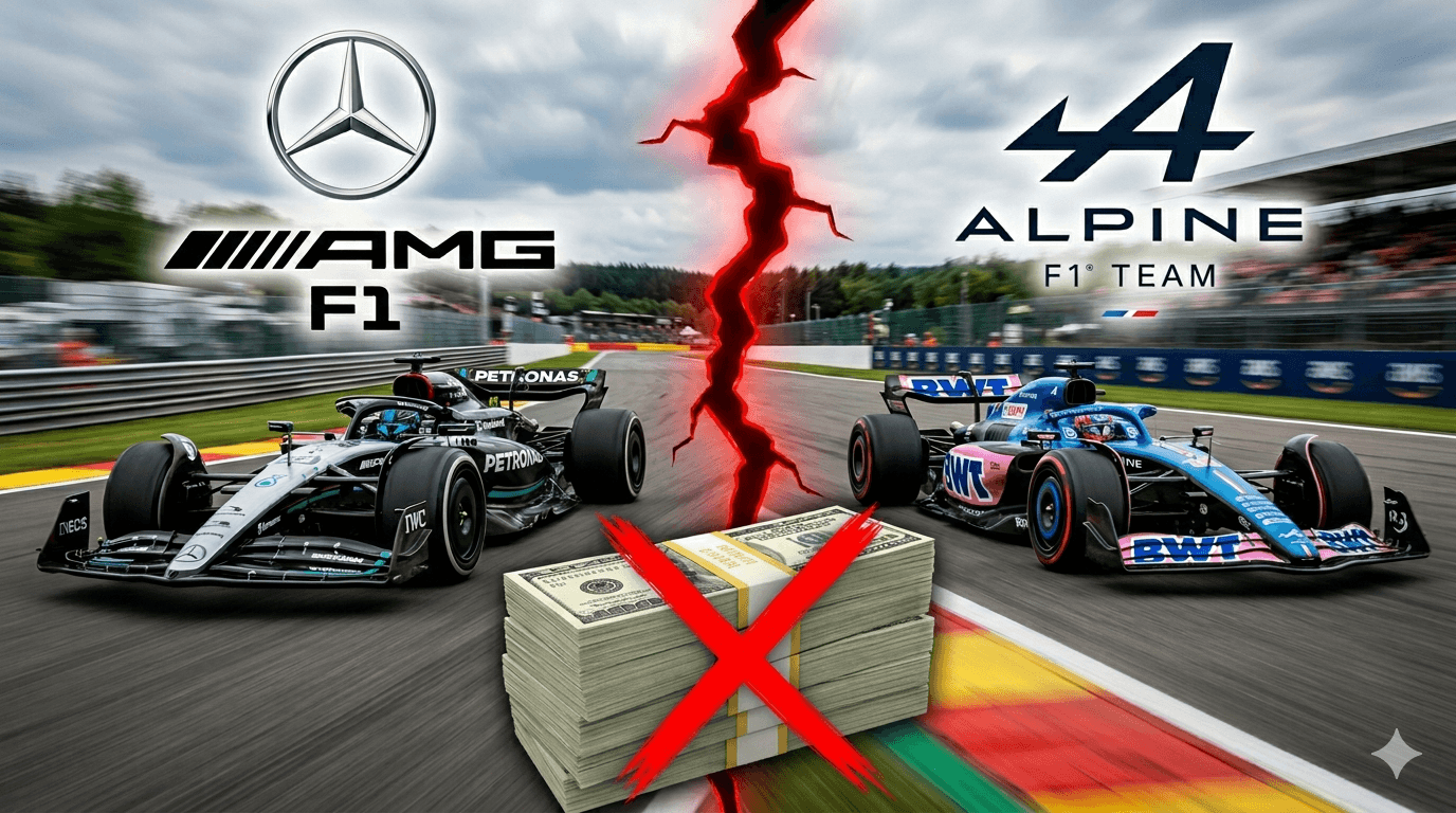Monoplaces Mercedes AMG et Alpine F1 séparées par faille rouge avec billets barrés d'une croix